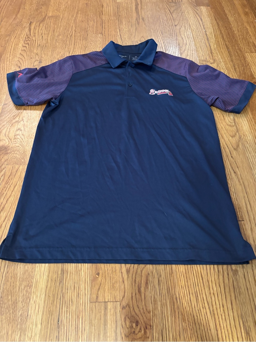 Atlanta Braves Antigua Polo Shirt with Stripe Sleeves